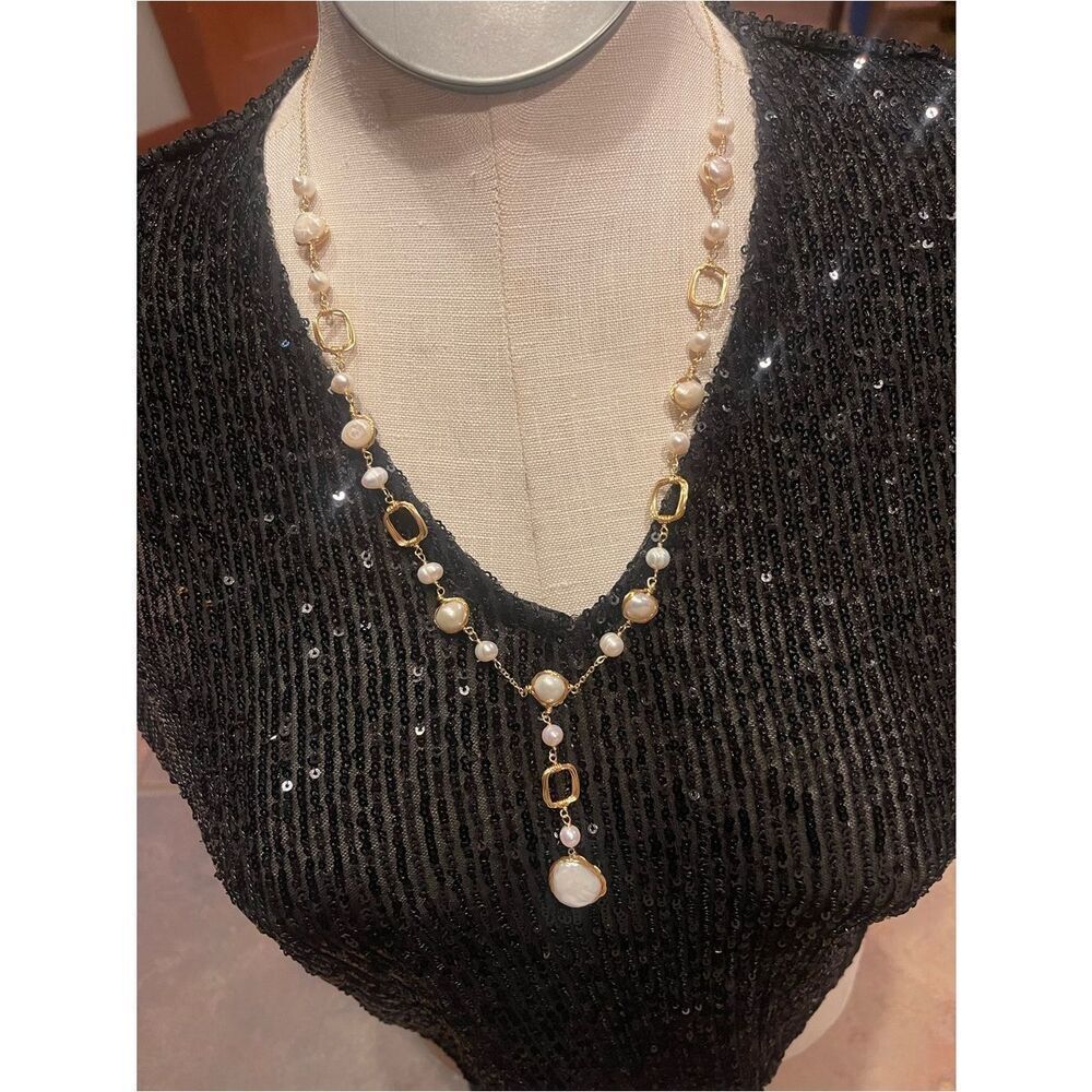 Gold-Tone Saltwater Pearl Necklace - Elegant Women’s Necklace Adjustable 22-24”